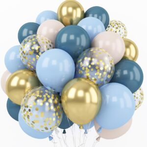 Dusty Blue Balloons Set 12 Inches Metallic Chrome Gold Macaron Blue Ocean Blue White Sand Confetti