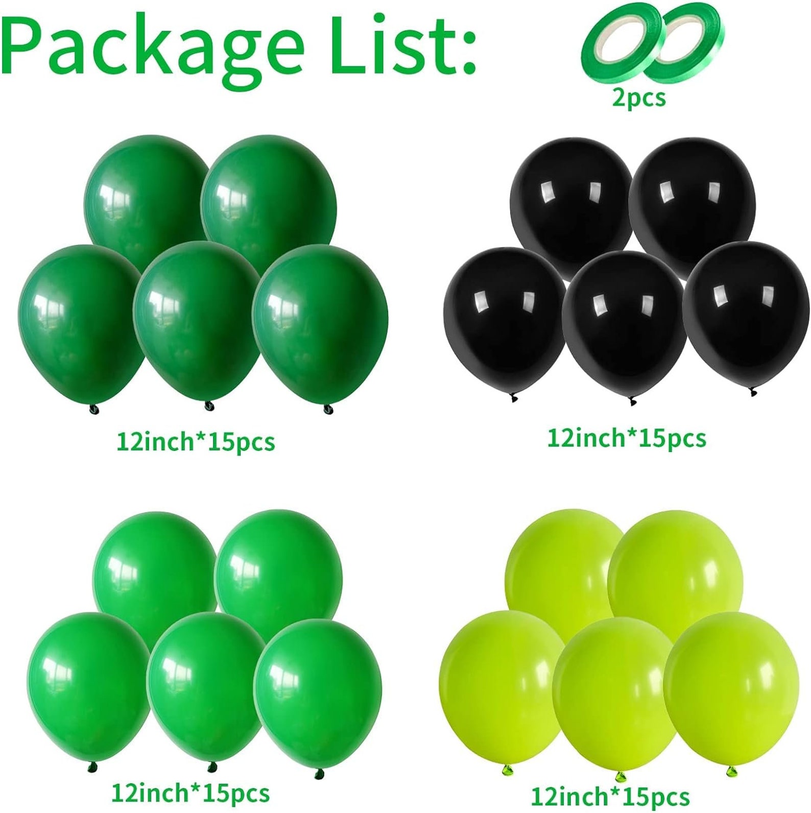 Dark Green, Light Green, Fruit Green & Black 12 inches Party Balloons - Image 2