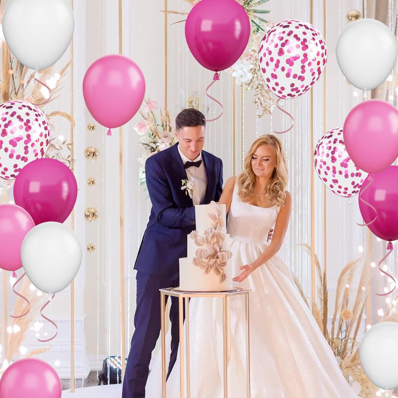 Hot Pink, White & Pink Confetti 12 inches Party Balloons - Image 3