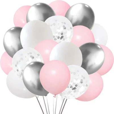 Pink, White and Silver Confetti 12 inch Latex Balloons 10/25/50/100 by TAVER